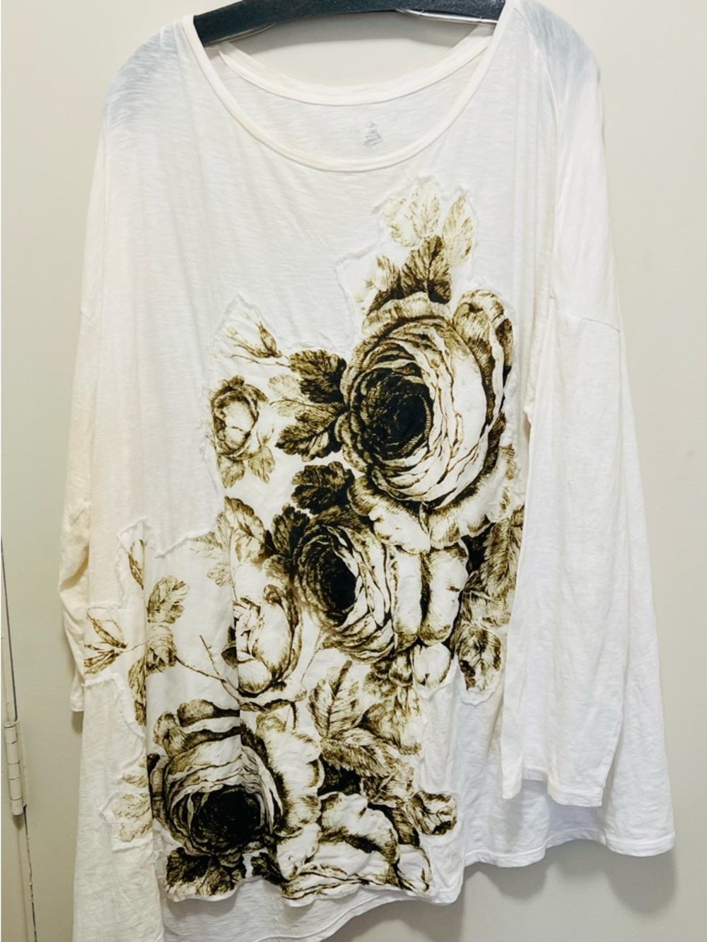 Women's White Long Sleeve Tee with Brown Floral Print